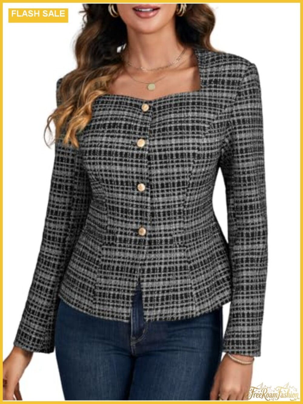 Tweed Long Sleeve Square Neck Button Front Slim Fit Lined Blazer Coat